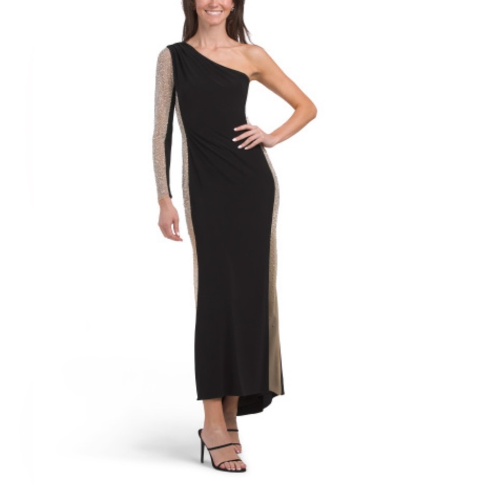 NWT- Xscape Elegant Embellished Black One-Shoulder Dress (Size 6)